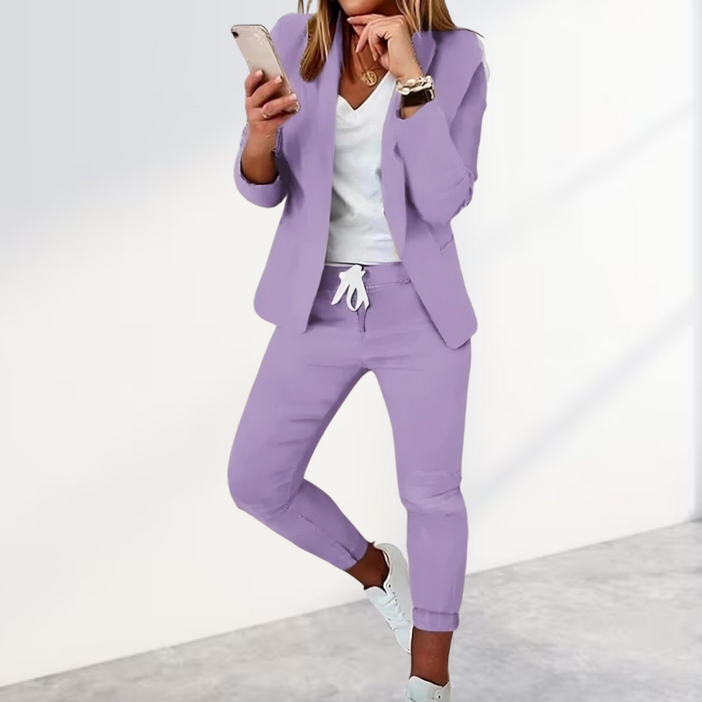 Women's Stylish Blazer & Jogger Trouser Set Business Casual Polyester Slim Fit Everyday – Black - Lolly 