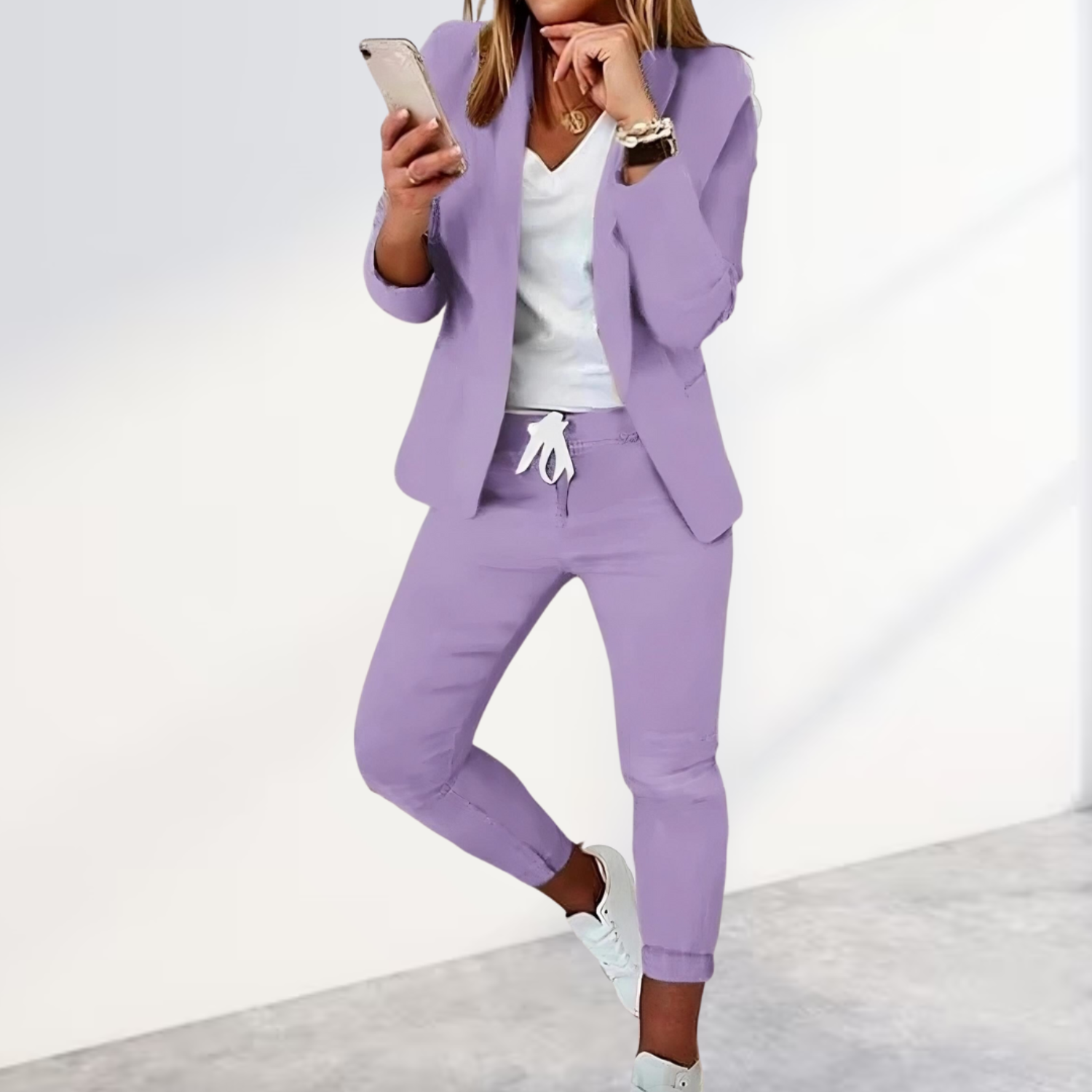 Women's Stylish Blazer & Jogger Trouser Set Business Casual Polyester Slim Fit Everyday – Black - Lolly 