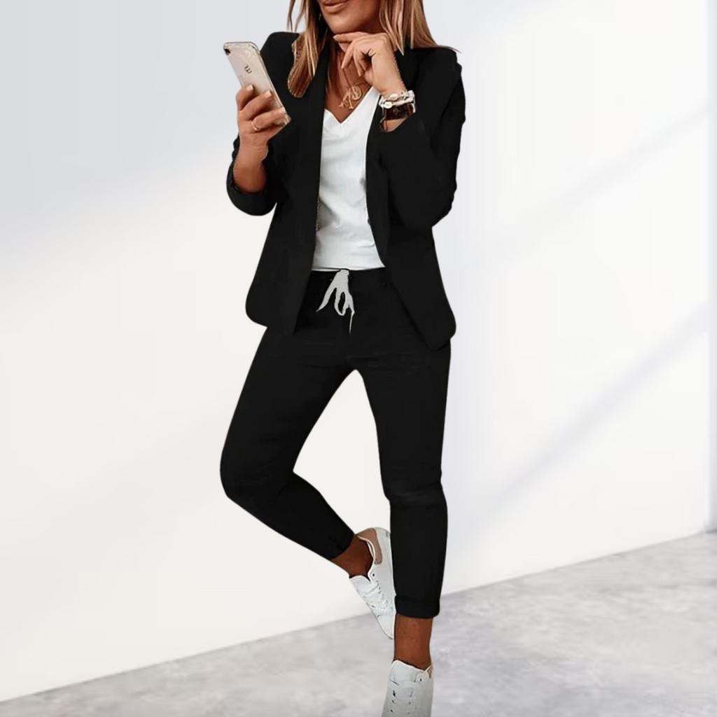 Women's Stylish Blazer & Jogger Trouser Set Business Casual Polyester Slim Fit Everyday – Black - Lolly 