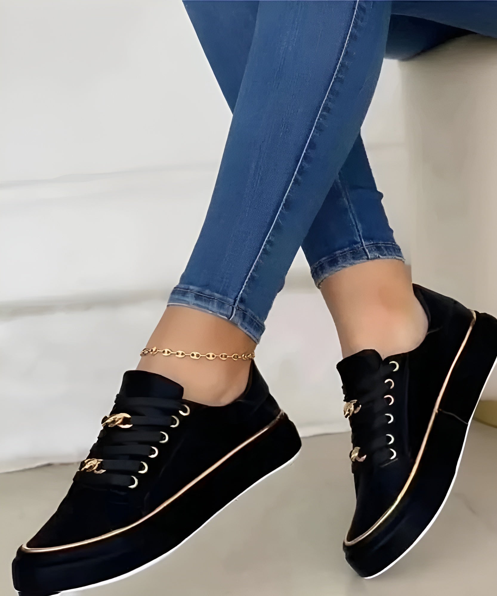 Women's Stylish Orthopedic Sneakers Shock-Absorbing Sole Lace-Up Gold Accents Casual – Alexya - Lolly 