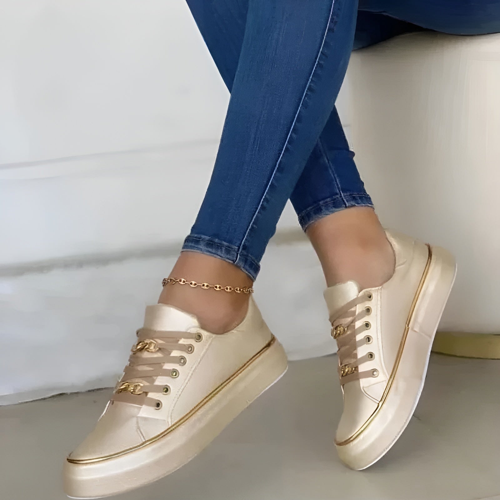 Women's Stylish Orthopedic Sneakers Shock-Absorbing Sole Lace-Up Gold Accents Casual – Alexya - Lolly 