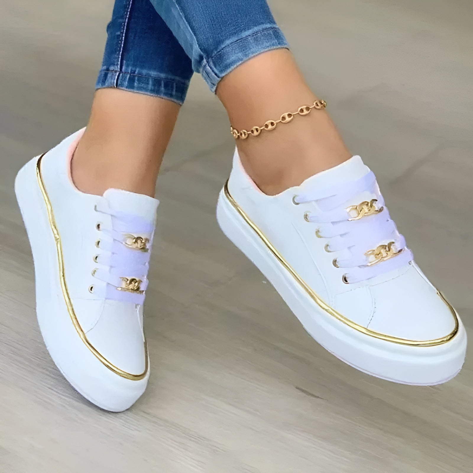 Women's Stylish Orthopedic Sneakers Shock-Absorbing Sole Lace-Up Gold Accents Casual – Alexya - Lolly 