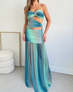 Women's Summer Party Dress Strapless Mesh Cutout Long Fluid A-Line Relaxed Elegant – Wren - Lolly 