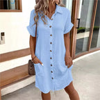 Women's Summer Shirt Dress Collar Button-Down Short Sleeve Pockets Casual Linen Look Easy Care – Carlijn - Lolly 