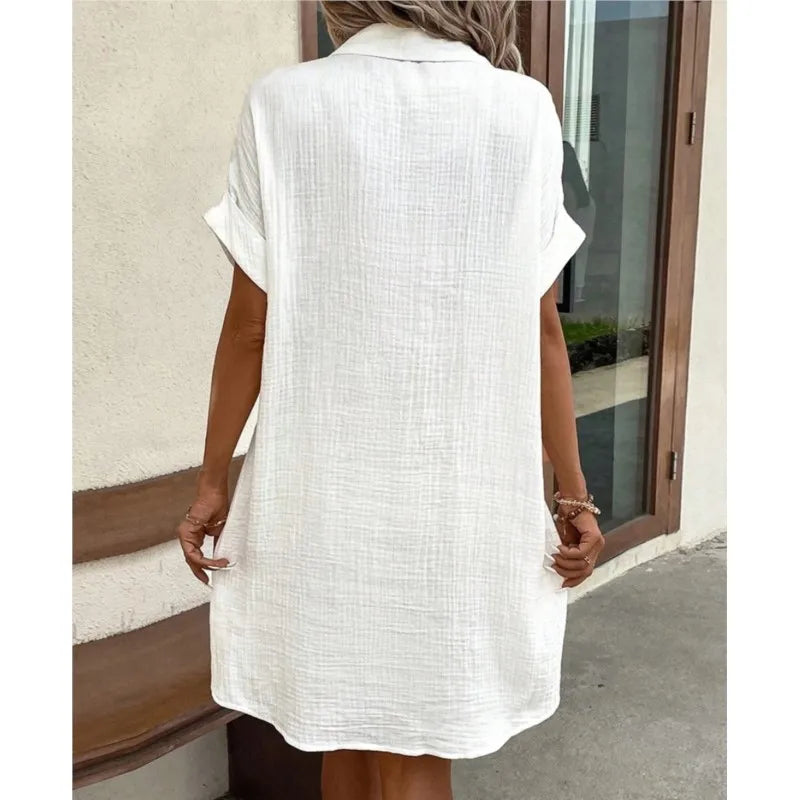 Women's Summer Shirt Dress Collar Button-Down Short Sleeve Pockets Casual Linen Look Easy Care – Carlijn - Lolly 