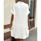 Women's Summer Shirt Dress Collar Button-Down Short Sleeve Pockets Casual Linen Look Easy Care – Carlijn - Lolly 