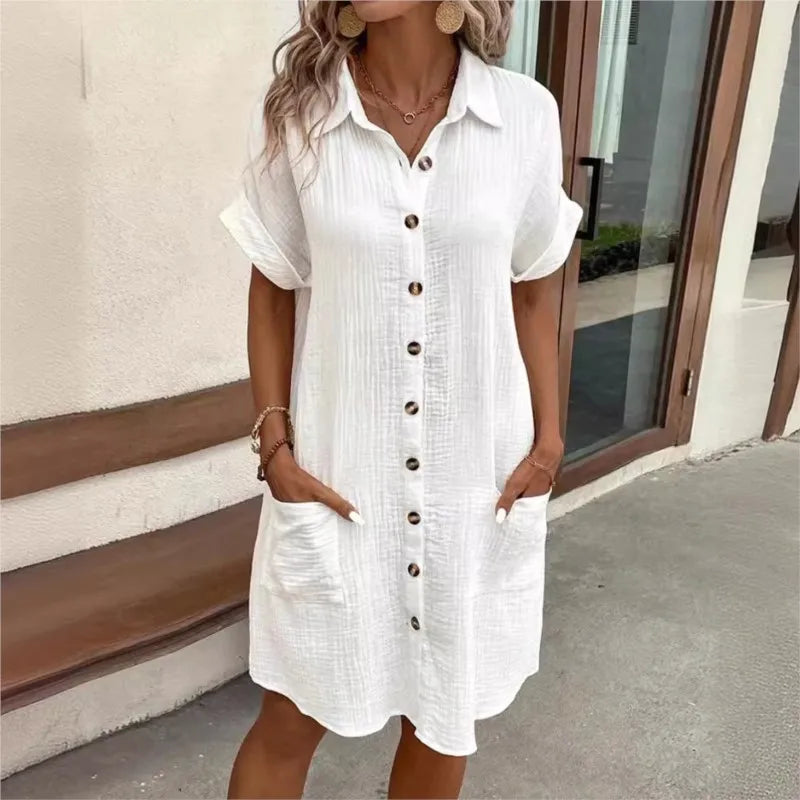 Women's Summer Shirt Dress Collar Button-Down Short Sleeve Pockets Casual Linen Look Easy Care – Carlijn - Lolly 