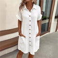 Women's Summer Shirt Dress Collar Button-Down Short Sleeve Pockets Casual Linen Look Easy Care – Carlijn - Lolly 