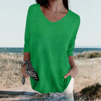Women's Summer V-Neck Knit Top Lightweight Relaxed Fit Casual Everyday Versatile Soft – Gerda - Lolly 