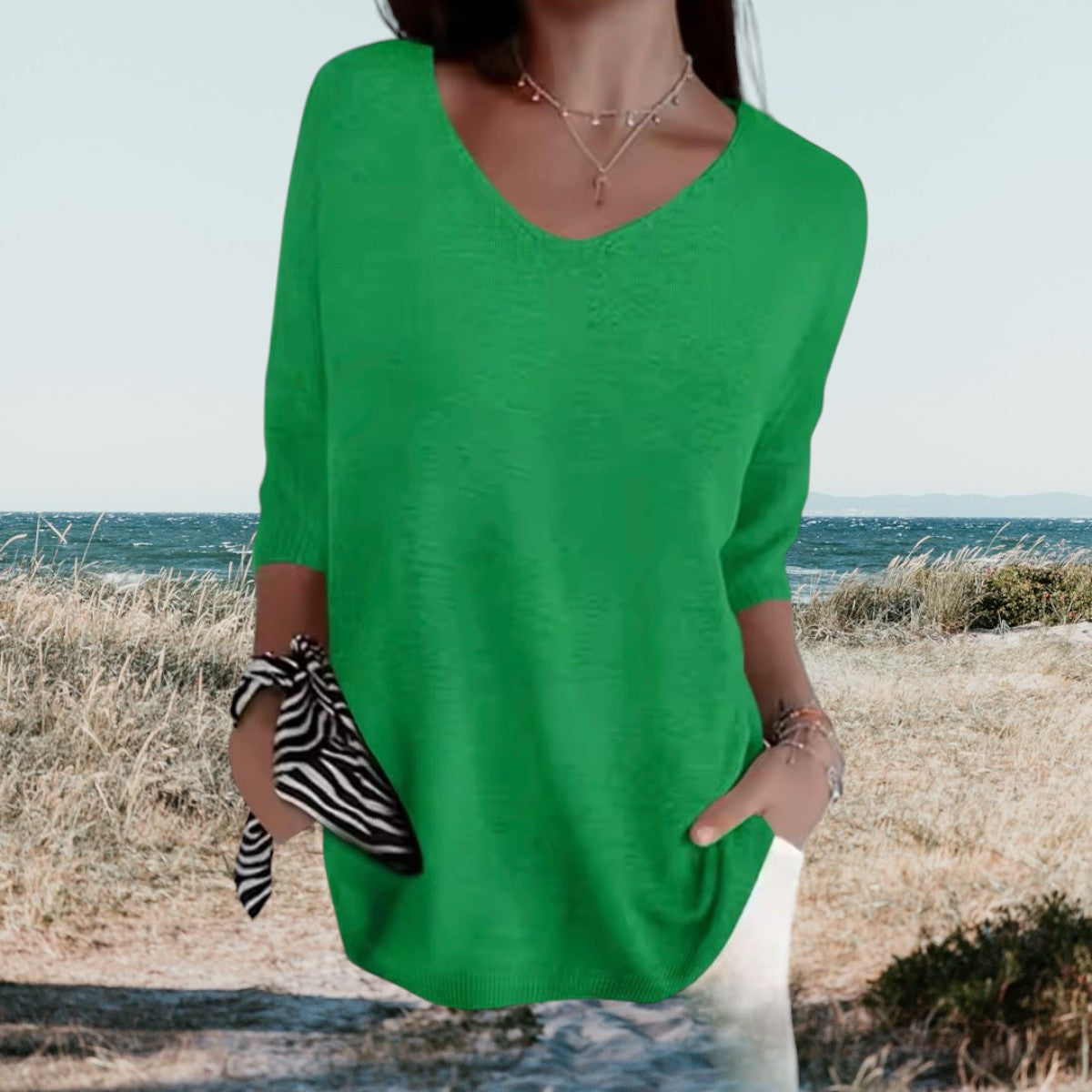 Women's Summer V-Neck Knit Top Lightweight Relaxed Fit Casual Everyday Versatile Soft – Gerda - Lolly 