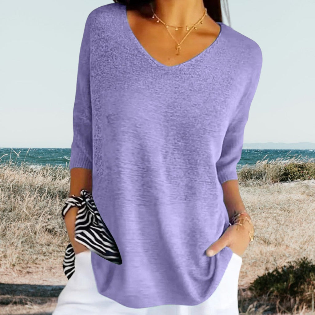 Women's Summer V-Neck Knit Top Lightweight Relaxed Fit Casual Everyday Versatile Soft – Gerda - Lolly 