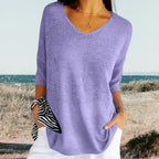 Women's Summer V-Neck Knit Top Lightweight Relaxed Fit Casual Everyday Versatile Soft – Gerda - Lolly 