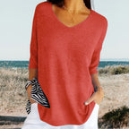 Women's Summer V-Neck Knit Top Lightweight Relaxed Fit Casual Everyday Versatile Soft – Gerda - Lolly 