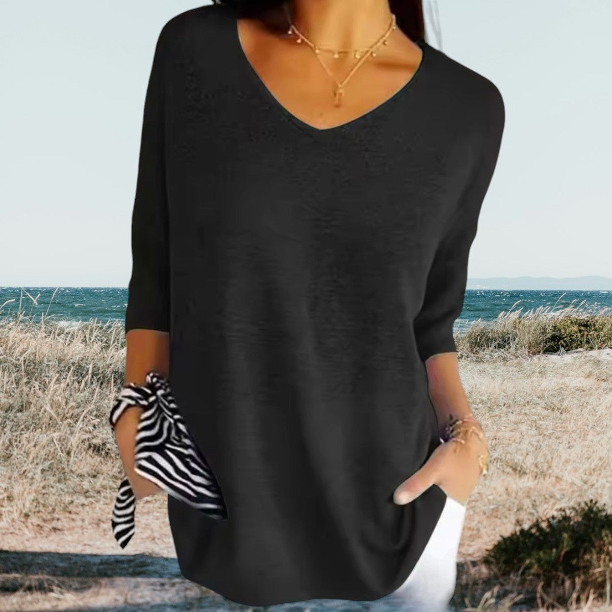 Women's Summer V-Neck Knit Top Lightweight Relaxed Fit Casual Everyday Versatile Soft – Gerda - Lolly 