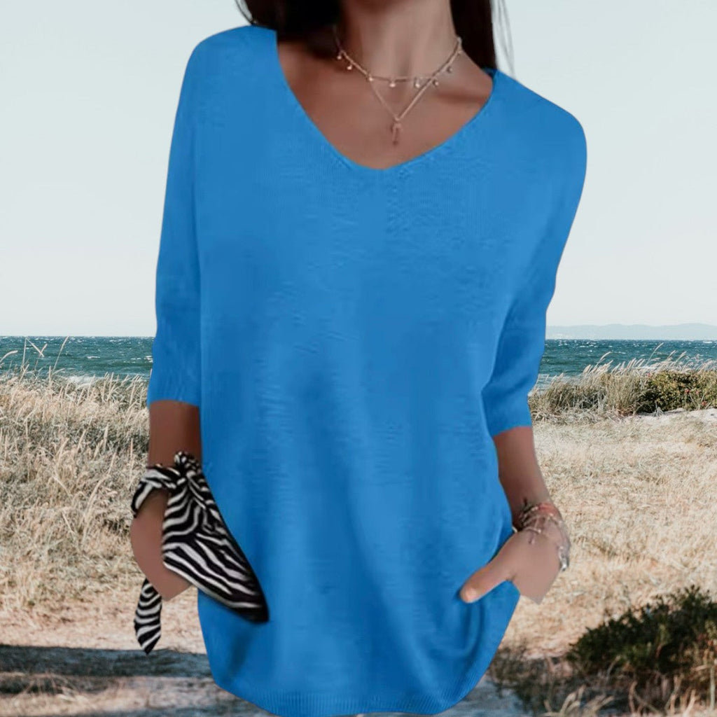 Women's Summer V-Neck Knit Top Lightweight Relaxed Fit Casual Everyday Versatile Soft – Gerda - Lolly 