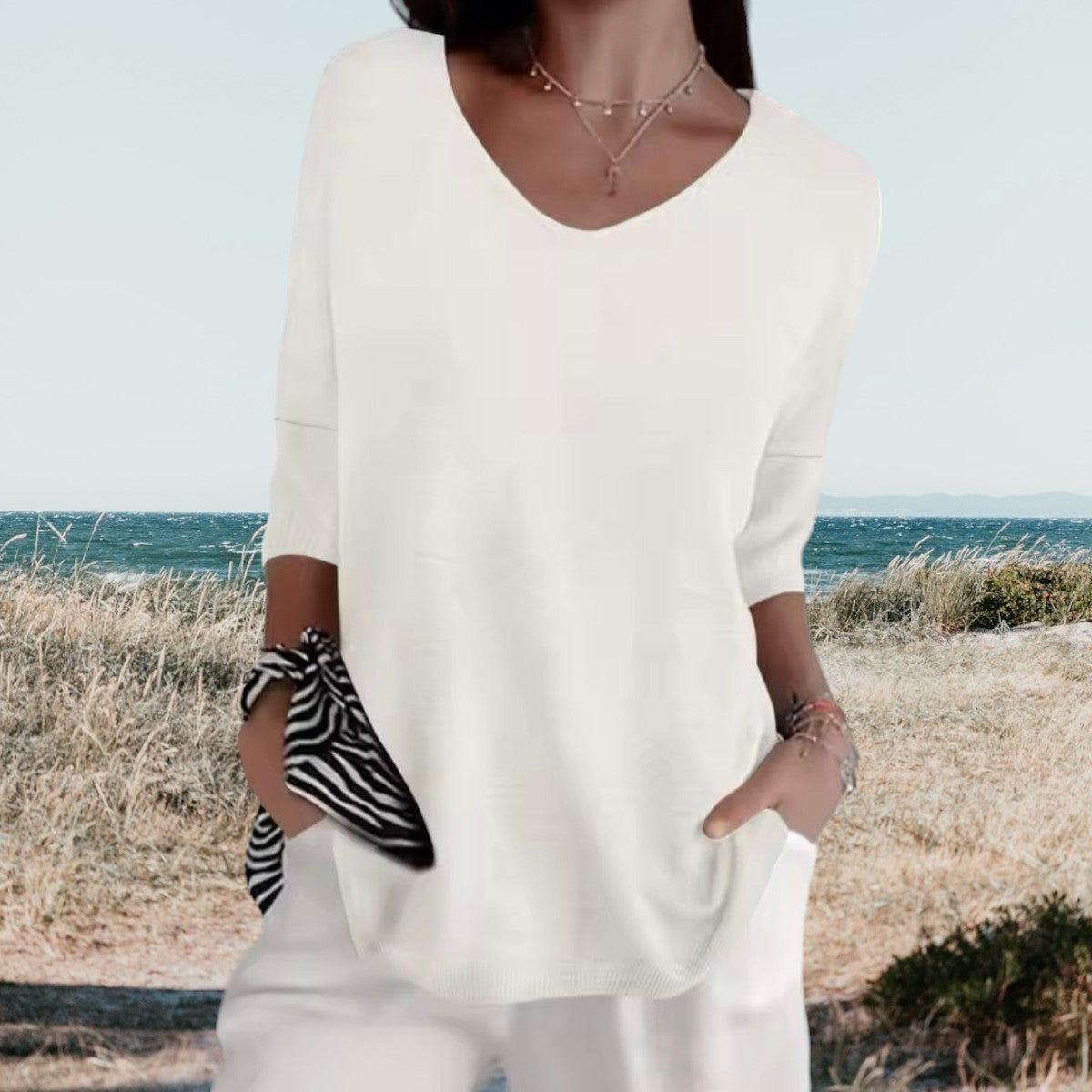 Women's Summer V-Neck Knit Top Lightweight Relaxed Fit Casual Everyday Versatile Soft – Gerda - Lolly 