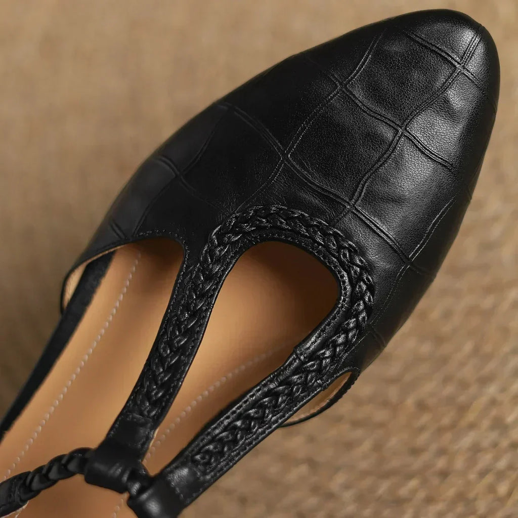 Women's T-Strap Mary Jane Flats Braided Leather Round Toe Buckle Work Casual Walking - Lolly 