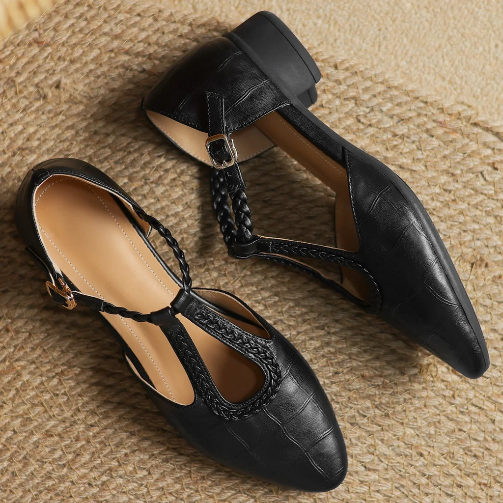 Women's T-Strap Mary Jane Flats Braided Leather Round Toe Buckle Work Casual Walking - Lolly 