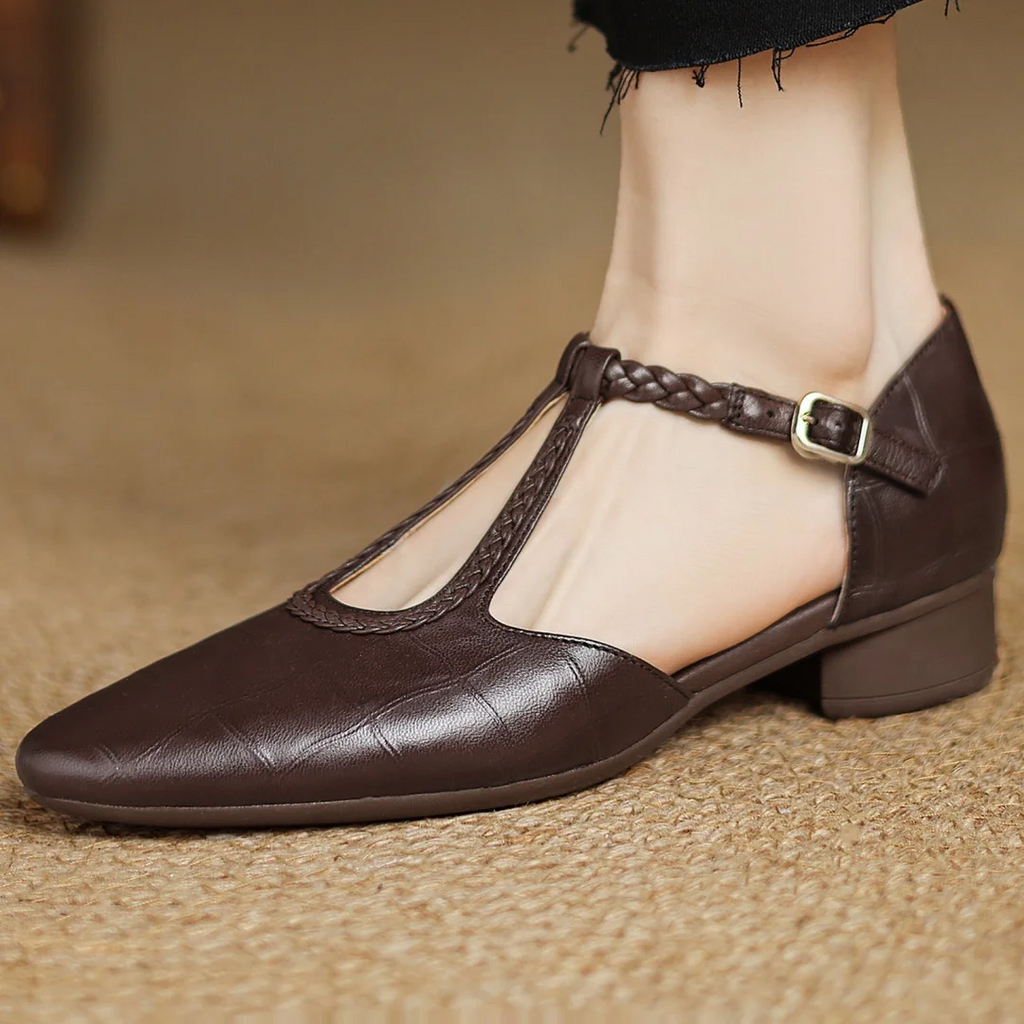 Women's T-Strap Mary Jane Flats Braided Leather Round Toe Buckle Work Casual Walking - Lolly 