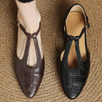 Women's T-Strap Mary Jane Flats Braided Leather Round Toe Buckle Work Casual Walking - Lolly 