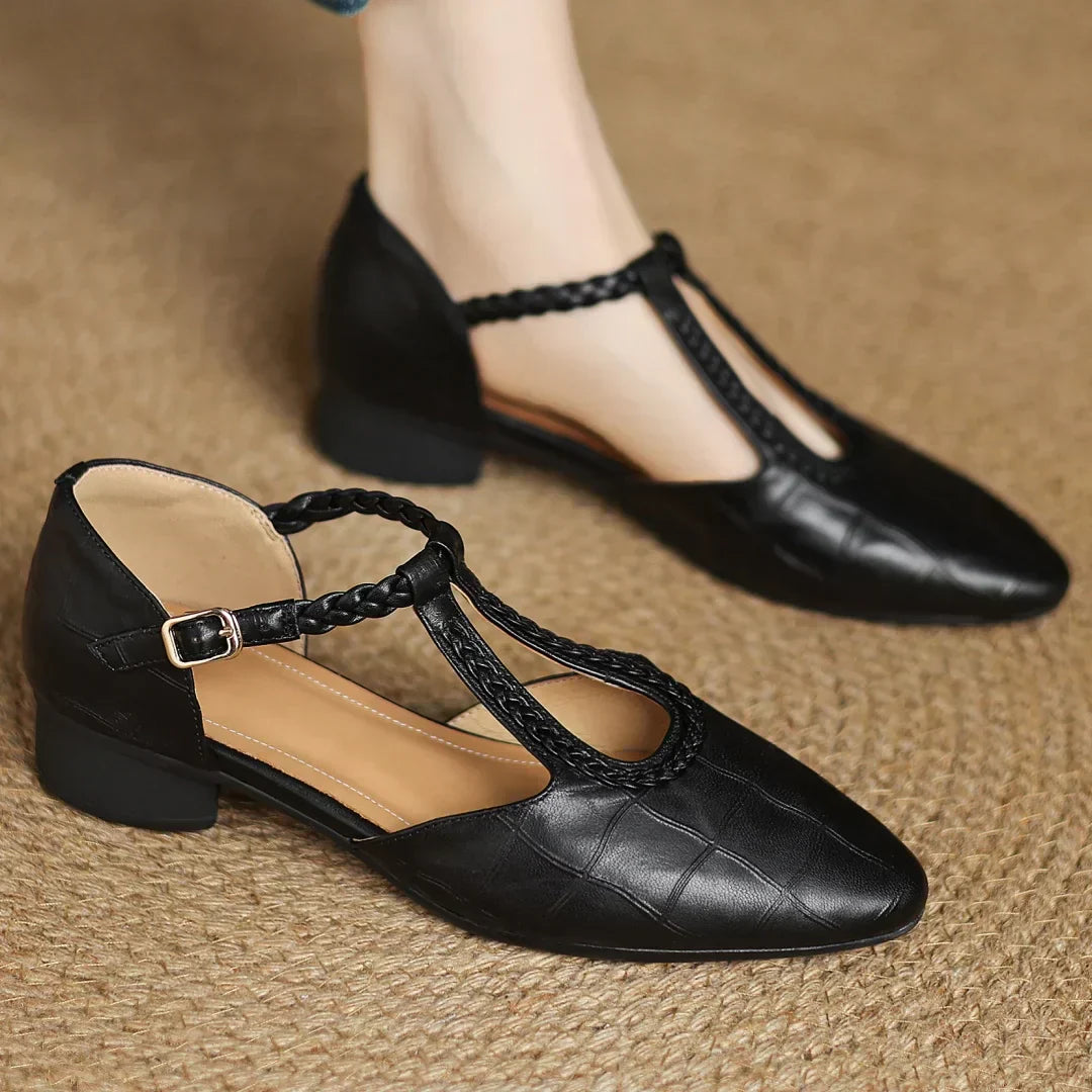 Women's T-Strap Mary Jane Flats Braided Leather Round Toe Buckle Work Casual Walking - Lolly 