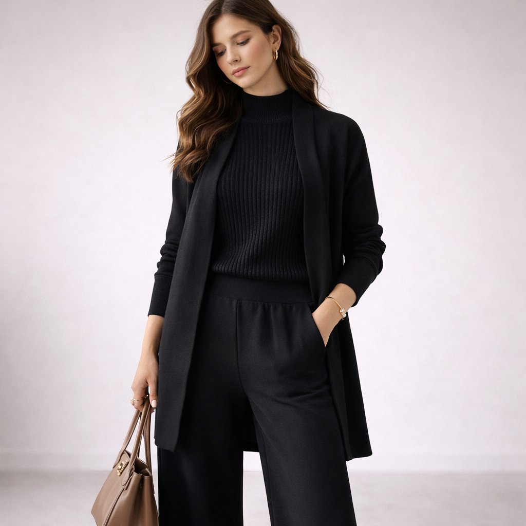 Women's Three-Piece Knit Lounge Set Wide-Leg Pants Ribbed Mock-Neck Top Longline Cardigan - Lolly 