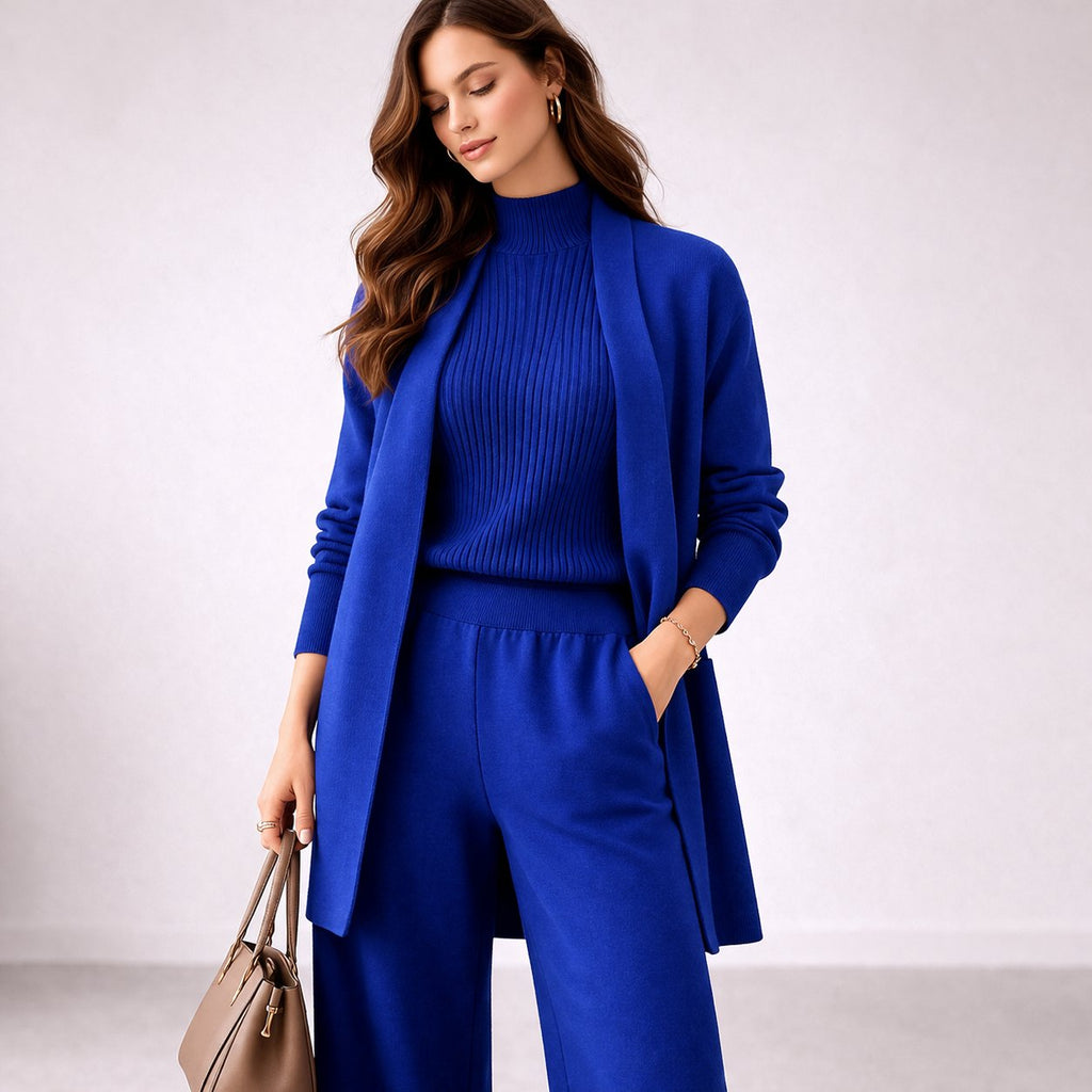 Women's Three-Piece Knit Lounge Set Wide-Leg Pants Ribbed Mock-Neck Top Longline Cardigan - Lolly 