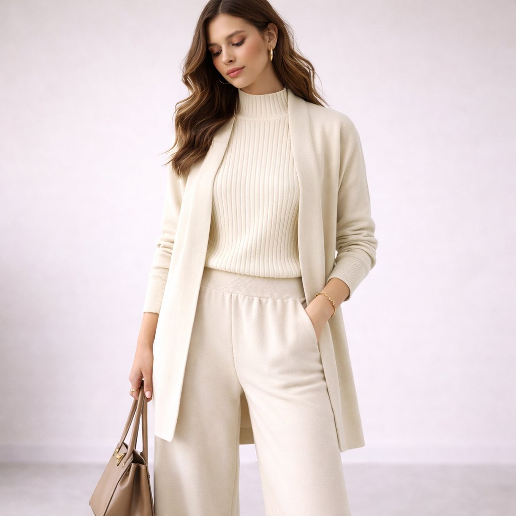 Women's Three-Piece Knit Lounge Set Wide-Leg Pants Ribbed Mock-Neck Top Longline Cardigan - Lolly 