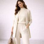 Women's Three-Piece Knit Lounge Set Wide-Leg Pants Ribbed Mock-Neck Top Longline Cardigan - Lolly 
