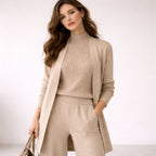 Women's Three-Piece Knit Lounge Set Wide-Leg Pants Ribbed Mock-Neck Top Longline Cardigan - Lolly 