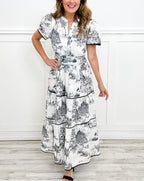 Women's Toile Midi Dress Smocked Waist Tiered Skirt Floral Spring Garden Casual Summer Elegant – Camille - Lolly 