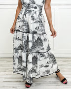 Women's Toile Midi Dress Smocked Waist Tiered Skirt Floral Spring Garden Casual Summer Elegant – Camille - Lolly 