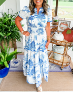 Women's Toile Midi Dress Smocked Waist Tiered Skirt Floral Spring Garden Casual Summer Elegant – Camille - Lolly 
