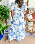 Women's Toile Midi Dress Smocked Waist Tiered Skirt Floral Spring Garden Casual Summer Elegant – Camille - Lolly 