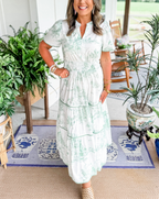 Women's Toile Midi Dress Smocked Waist Tiered Skirt Floral Spring Garden Casual Summer Elegant – Camille - Lolly 