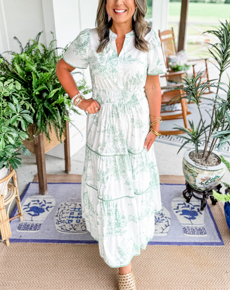 Women's Toile Midi Dress Smocked Waist Tiered Skirt Floral Spring Garden Casual Summer Elegant – Camille - Lolly 