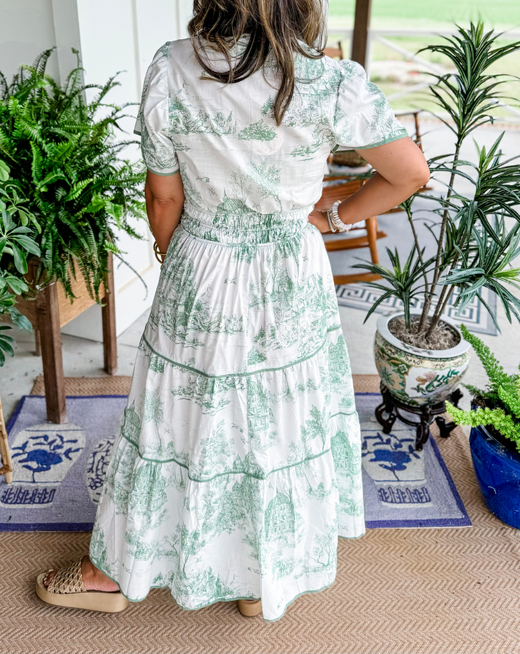 Women's Toile Midi Dress Smocked Waist Tiered Skirt Floral Spring Garden Casual Summer Elegant – Camille - Lolly 