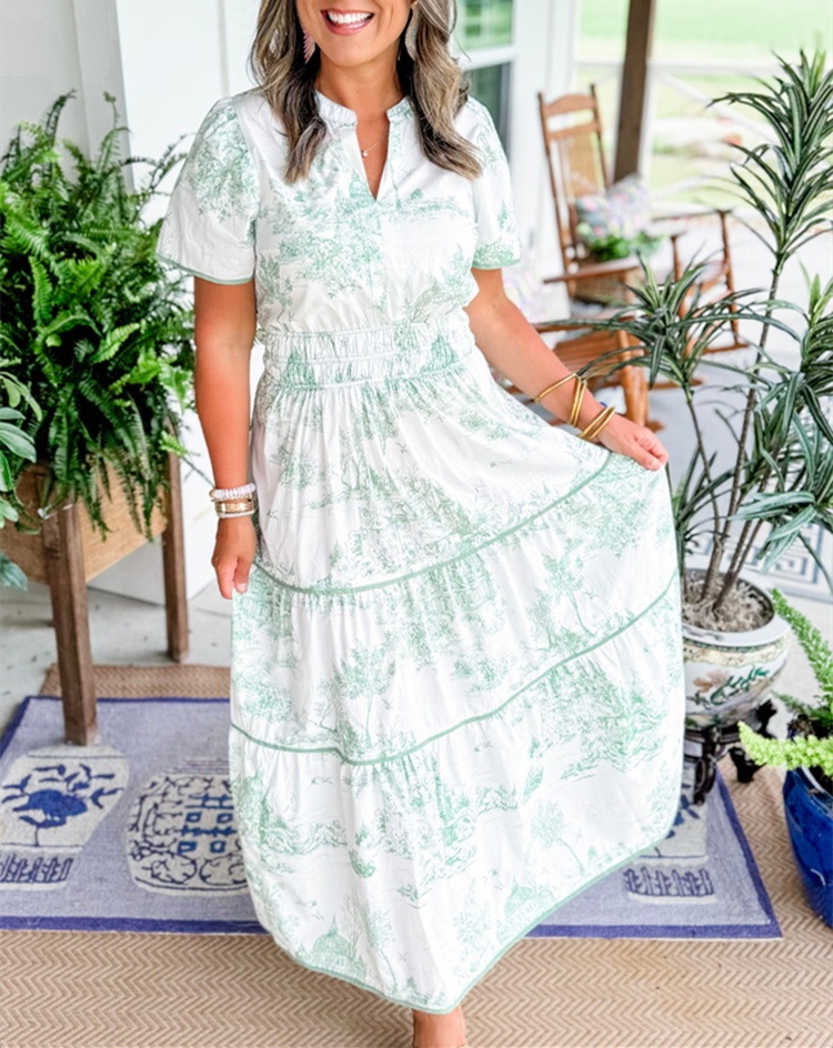 Women's Toile Midi Dress Smocked Waist Tiered Skirt Floral Spring Garden Casual Summer Elegant – Camille - Lolly 