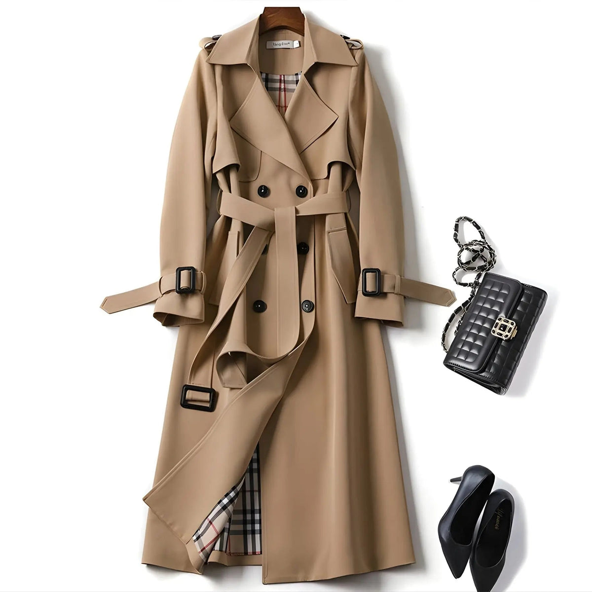 Women's Trench Coat Double-Breasted Belted with Plaid Lining - Lolly 