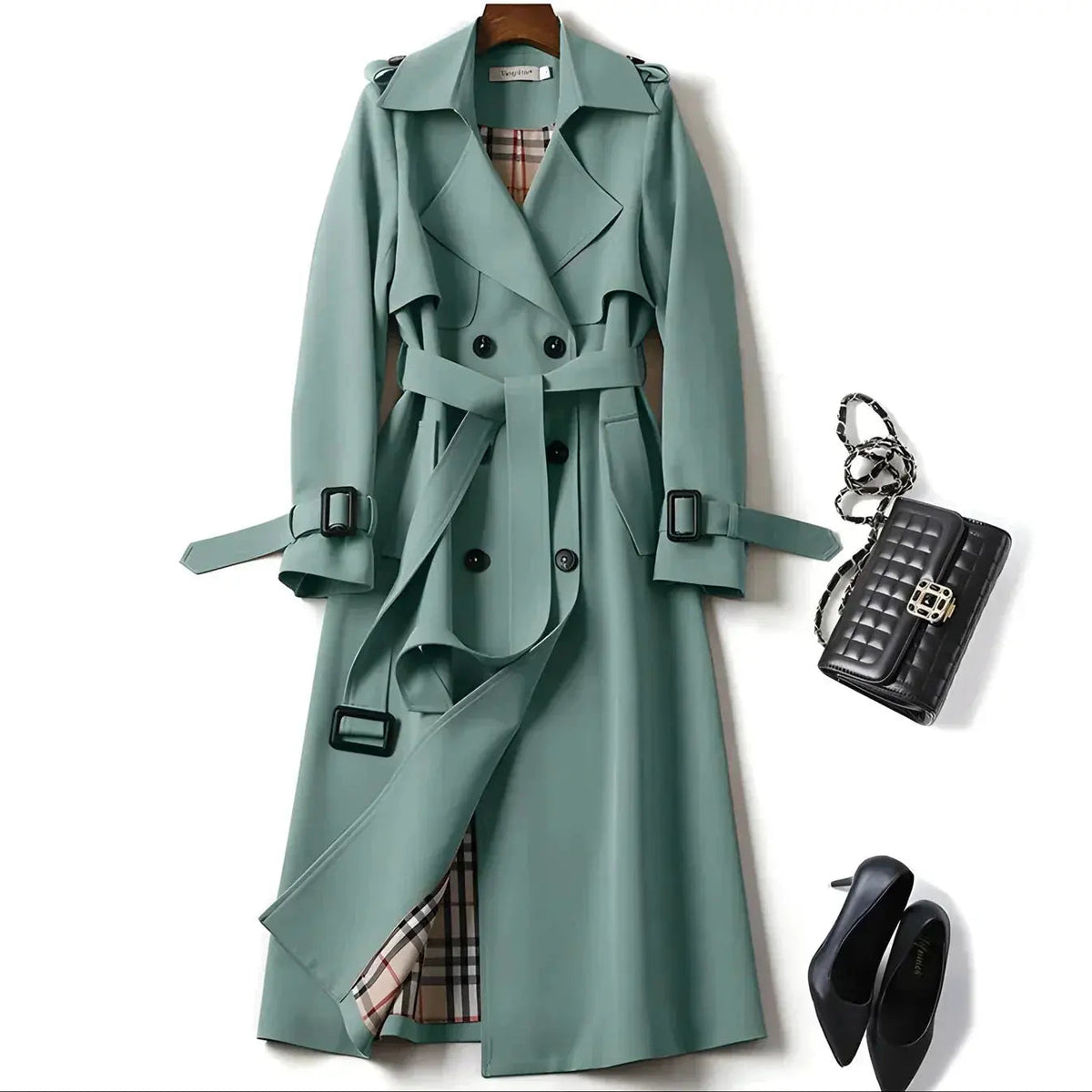 Women's Trench Coat Double-Breasted Belted with Plaid Lining - Lolly 