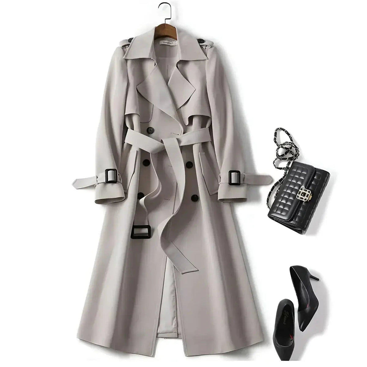 Women's Trench Coat Double-Breasted Belted with Plaid Lining - Lolly 