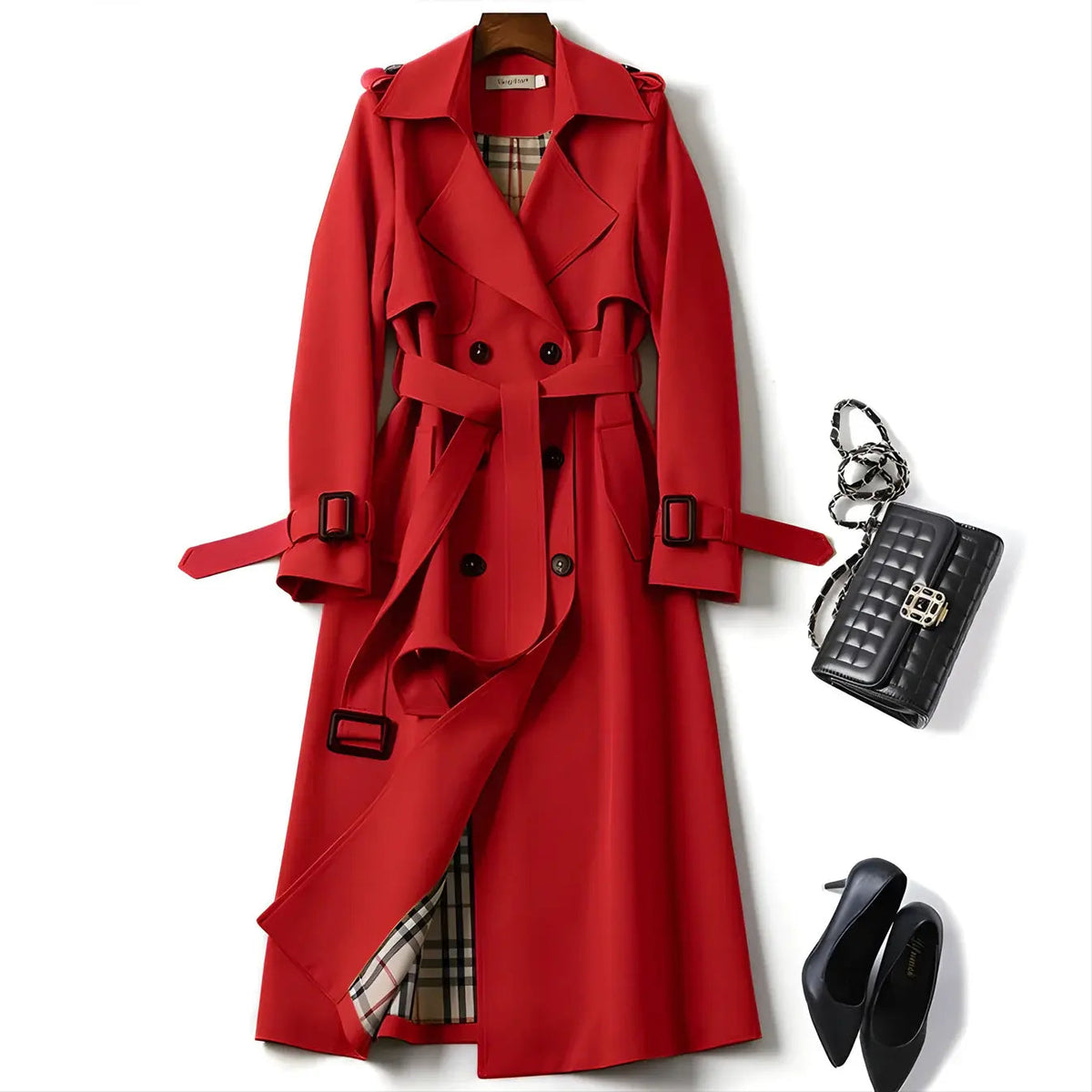 Women's Trench Coat Double-Breasted Belted with Plaid Lining - Lolly 