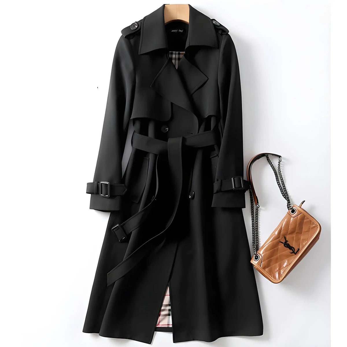 Women's Trench Coat Double-Breasted Belted with Plaid Lining - Lolly 