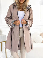 Women's Trench Coat with Plaid-Lined Hood and Drawstring Waist - Lolly 