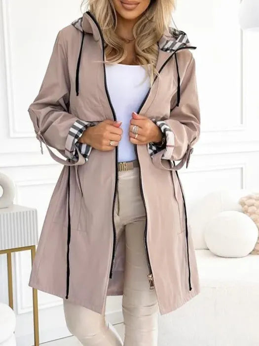 Women's Trench Coat with Plaid-Lined Hood and Drawstring Waist - Lolly 