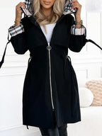 Women's Trench Coat with Plaid-Lined Hood and Drawstring Waist - Lolly 