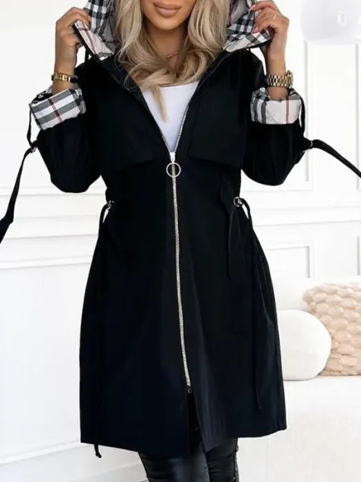 Women's Trench Coat with Plaid-Lined Hood and Drawstring Waist - Lolly 