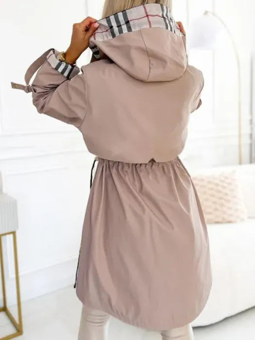 Women's Trench Coat with Plaid-Lined Hood and Drawstring Waist - Lolly 