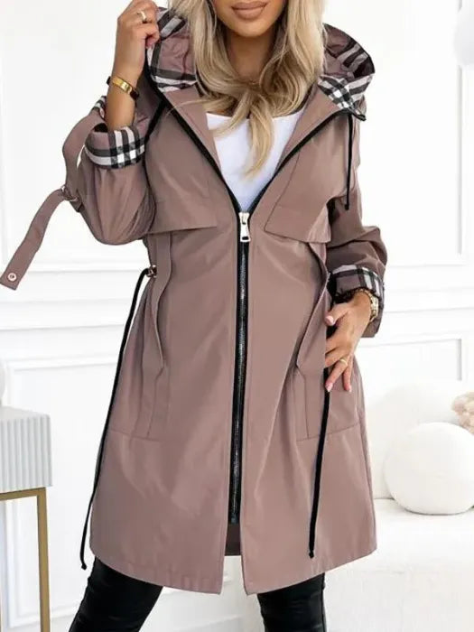 Women's Trench Coat with Plaid-Lined Hood and Drawstring Waist - Lolly 