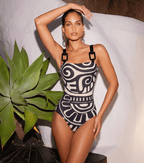 Women's Tribal Print One-Piece Swimsuit & Long Skirt Set Adjustable Straps Beach Vacation Pool Party Summer Resort – Black & White - Lolly 
